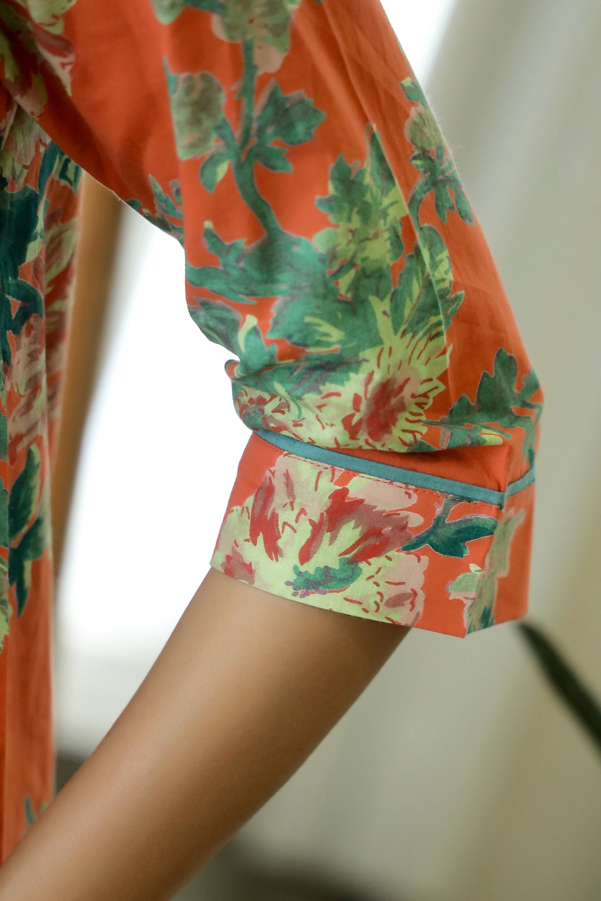 Orange & Green Cotton Peter Pan Collar Night Suit Set