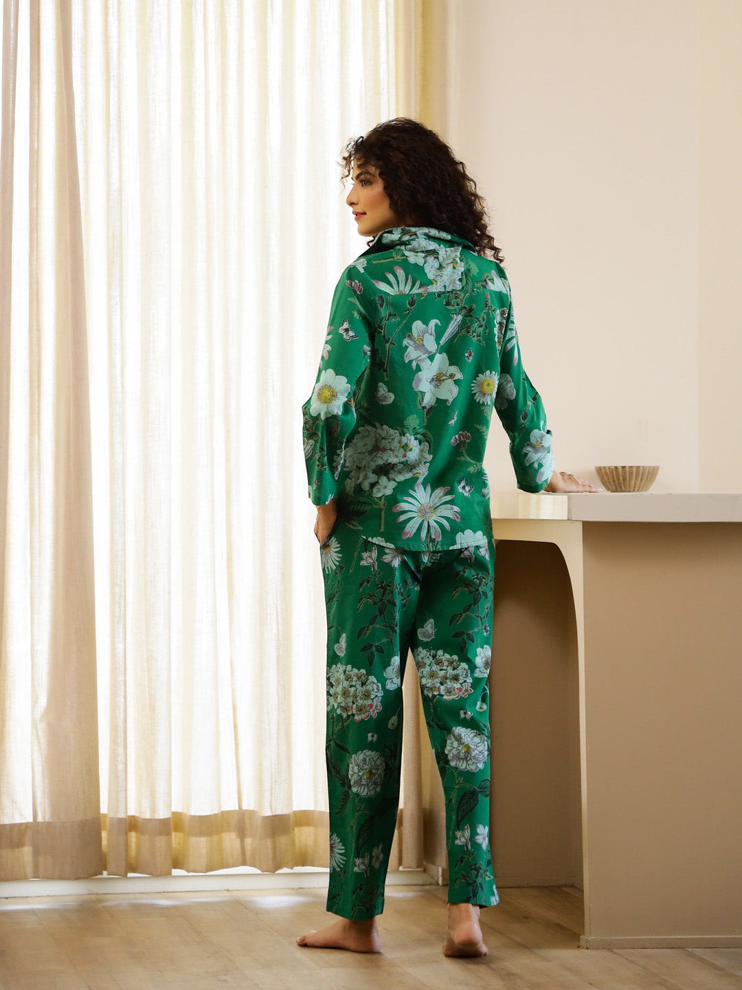Green Floral Printed Cotton Night Suit Set
