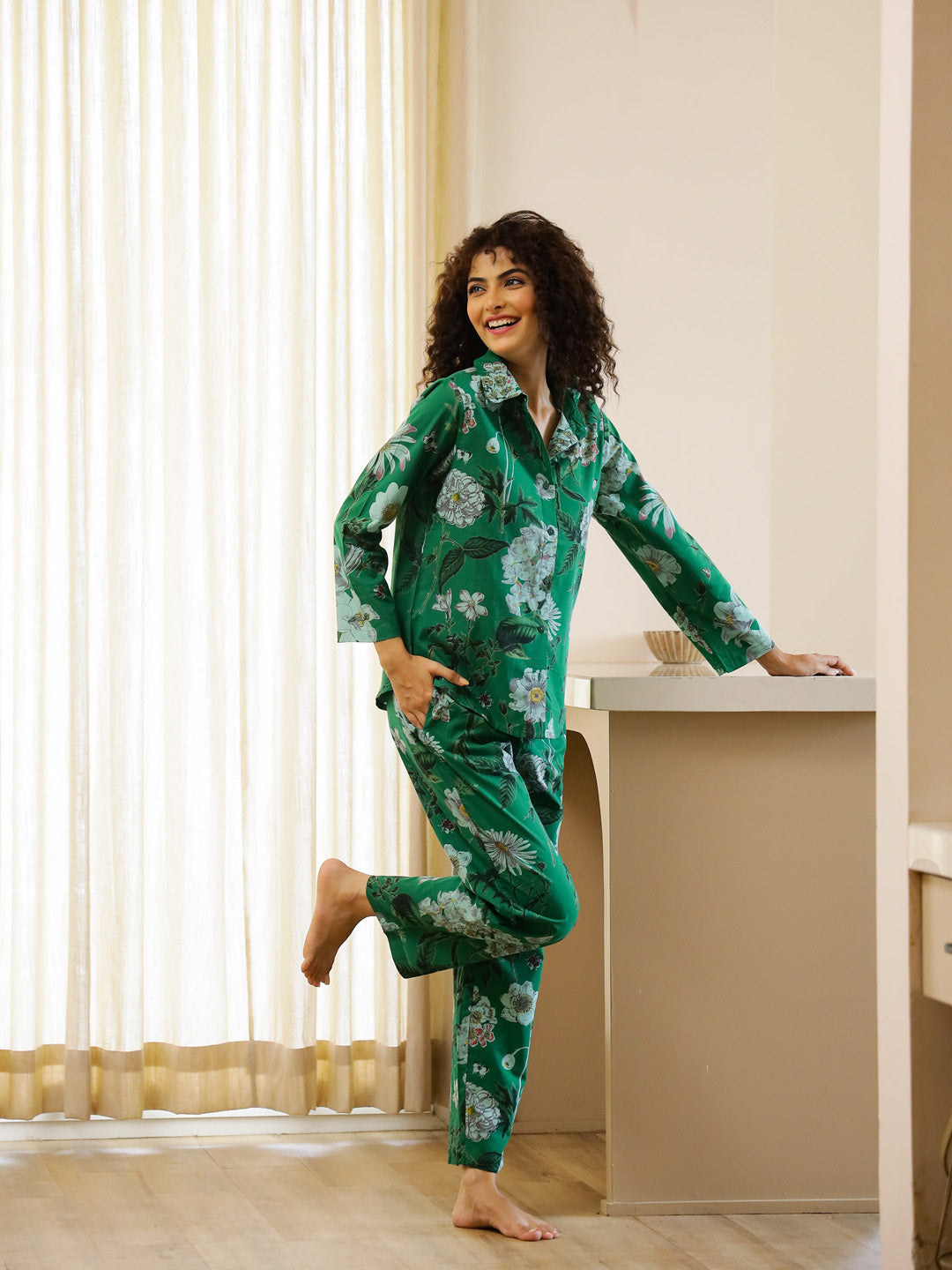 Green Floral Printed Cotton Night Suit Set