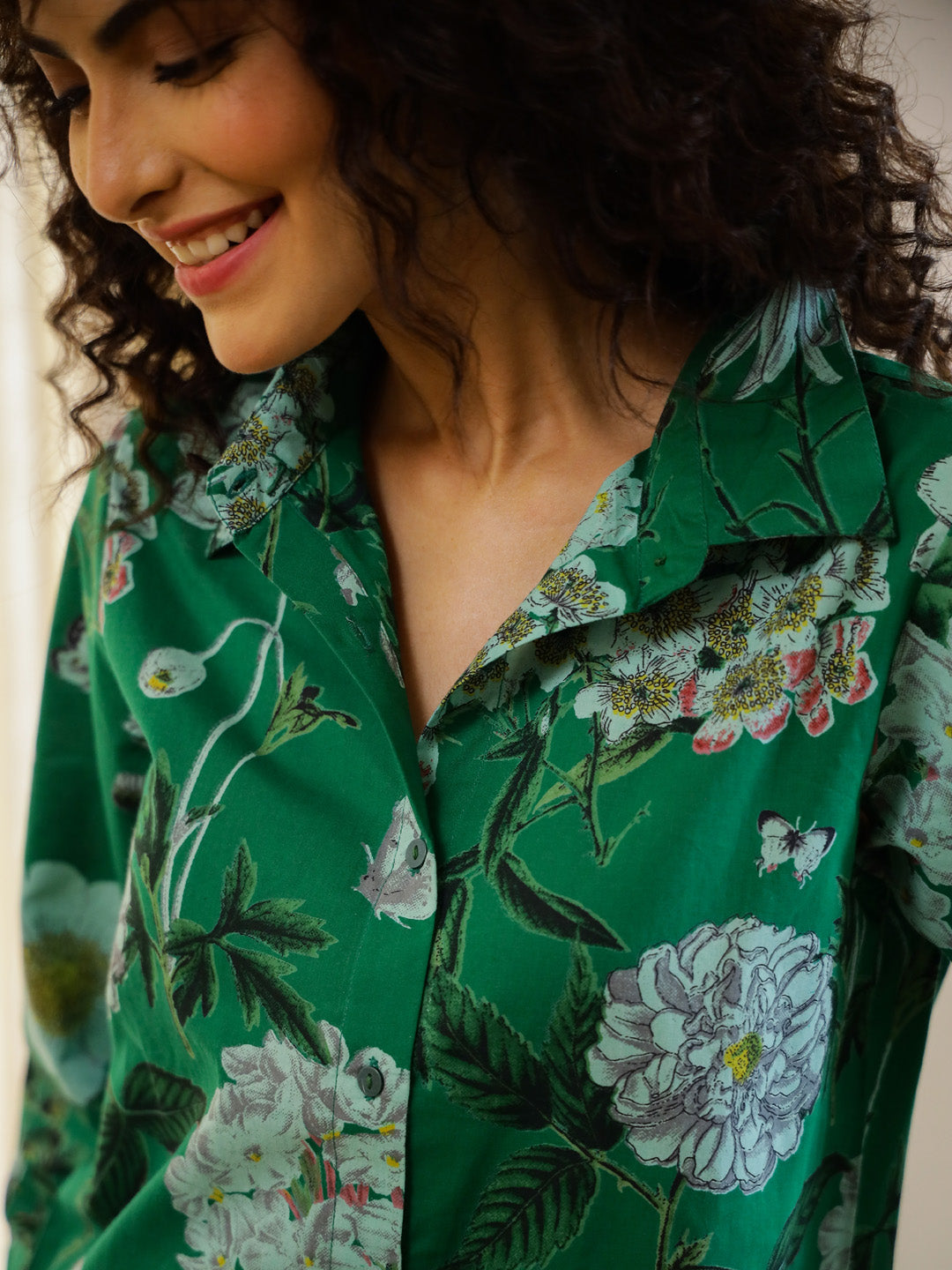 Green Floral Printed Cotton Night Suit Set