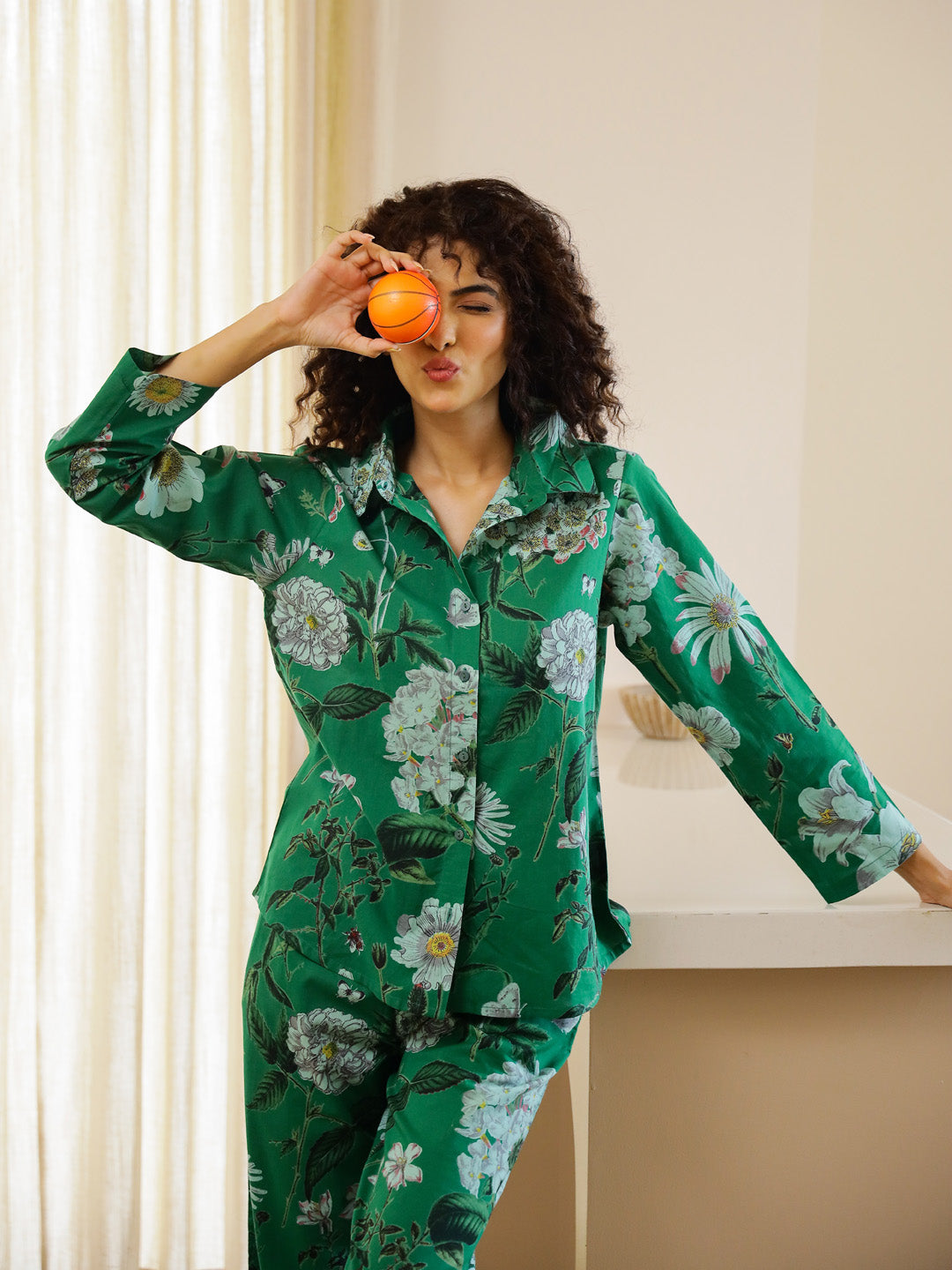Green Floral Printed Cotton Night Suit Set