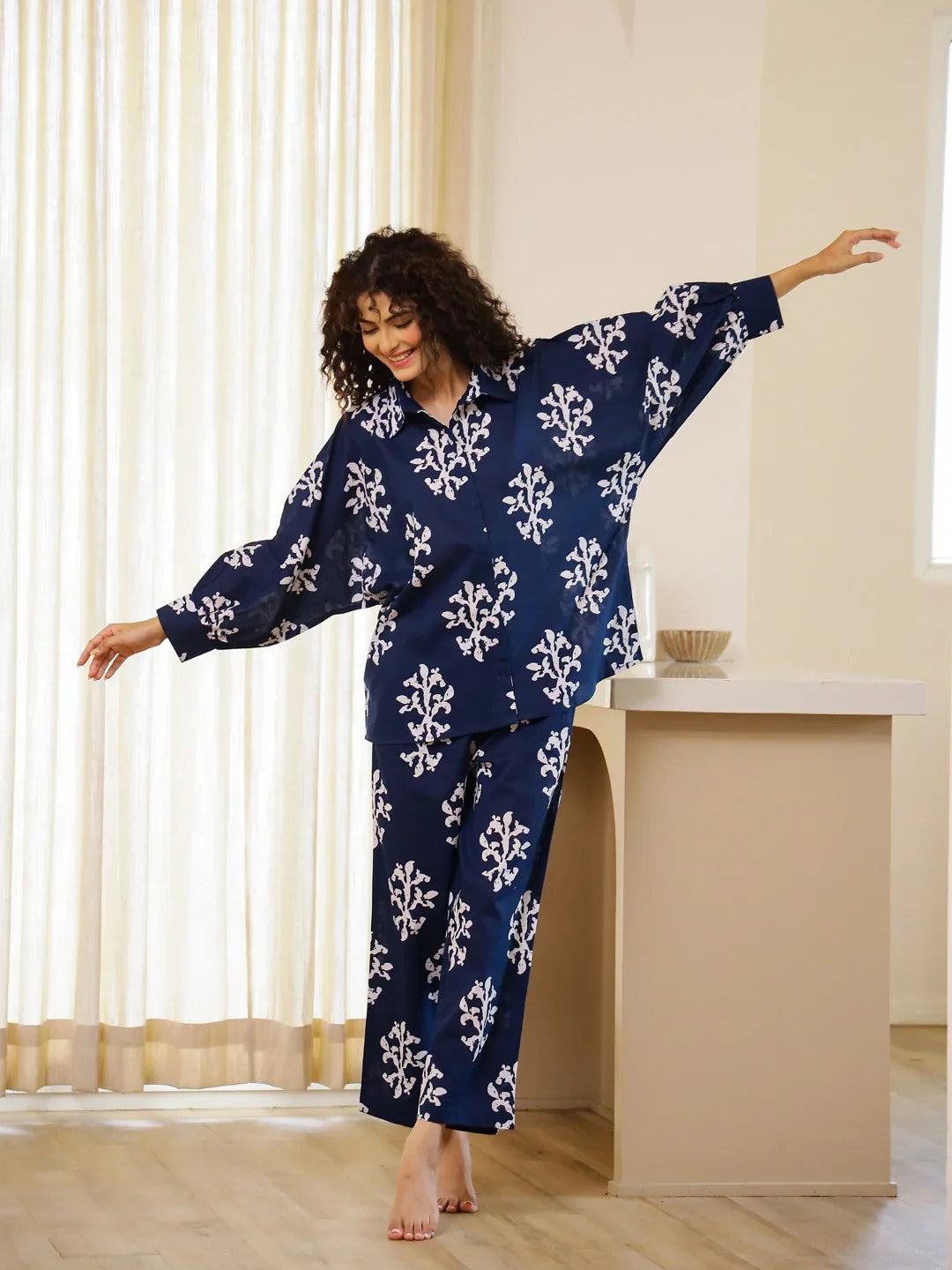 Blue Printed Night Suit Set for Women - SanskrutiHomes