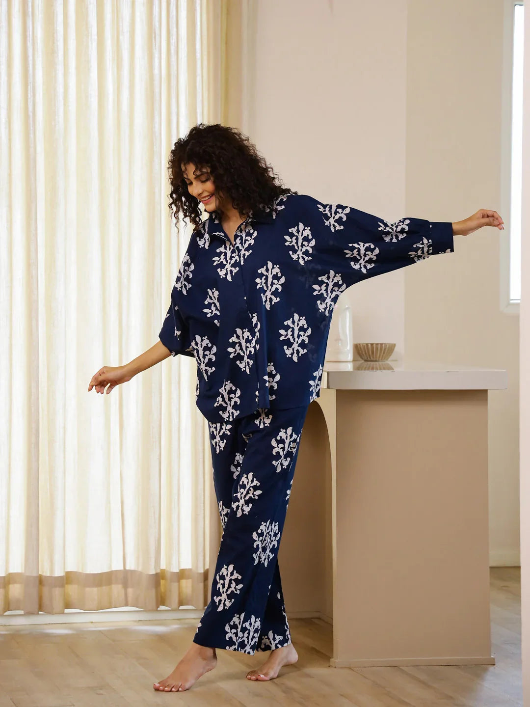 Blue Printed Night Suit Set for Women - SanskrutiHomes