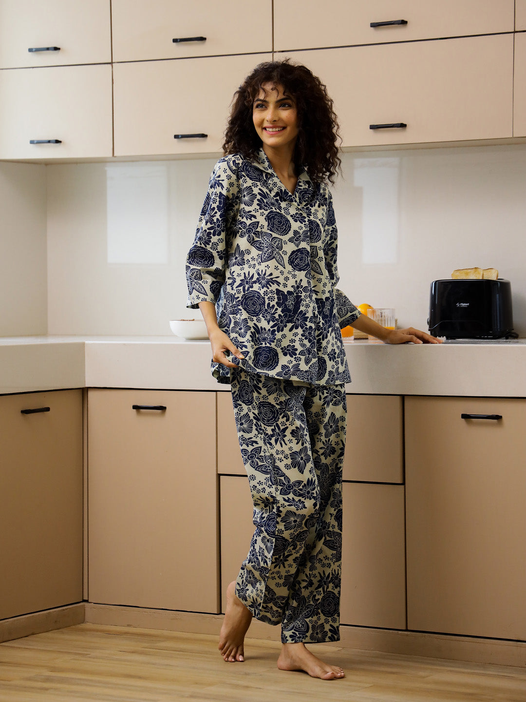 Blue Floral Printed Cotton Co-ord Set for Women - SanskrutiHomes