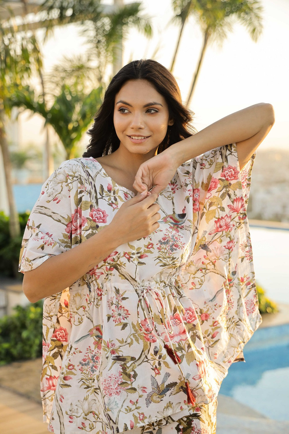 White Floral Cotton Printed Kaftan and Pajama Set