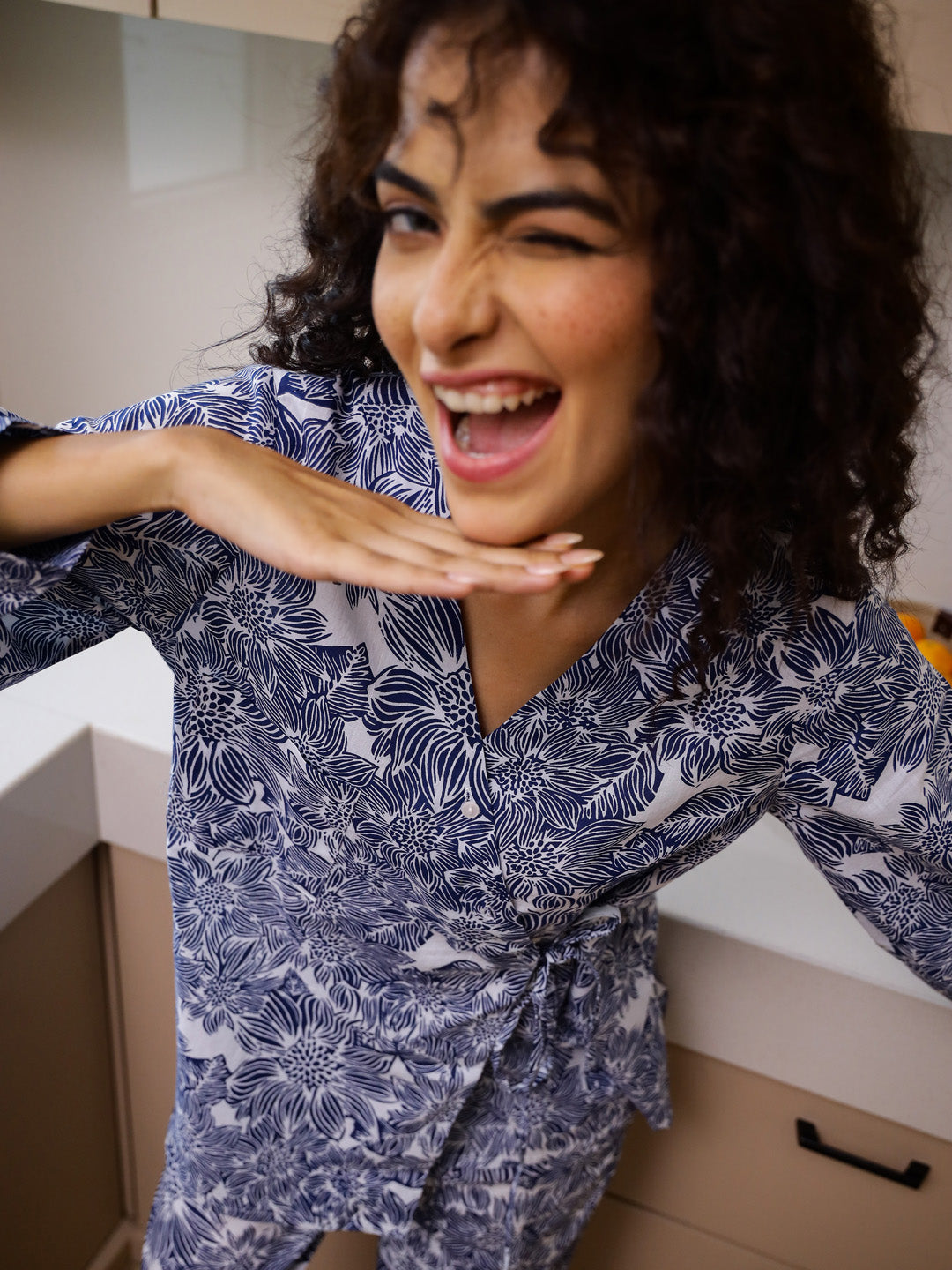 Blue Printed Cotton Night Suit Set - SanskrutiHomes