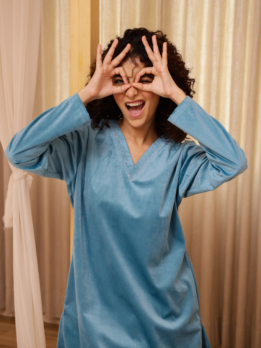 Blue Solid Velvet Night Suit Set