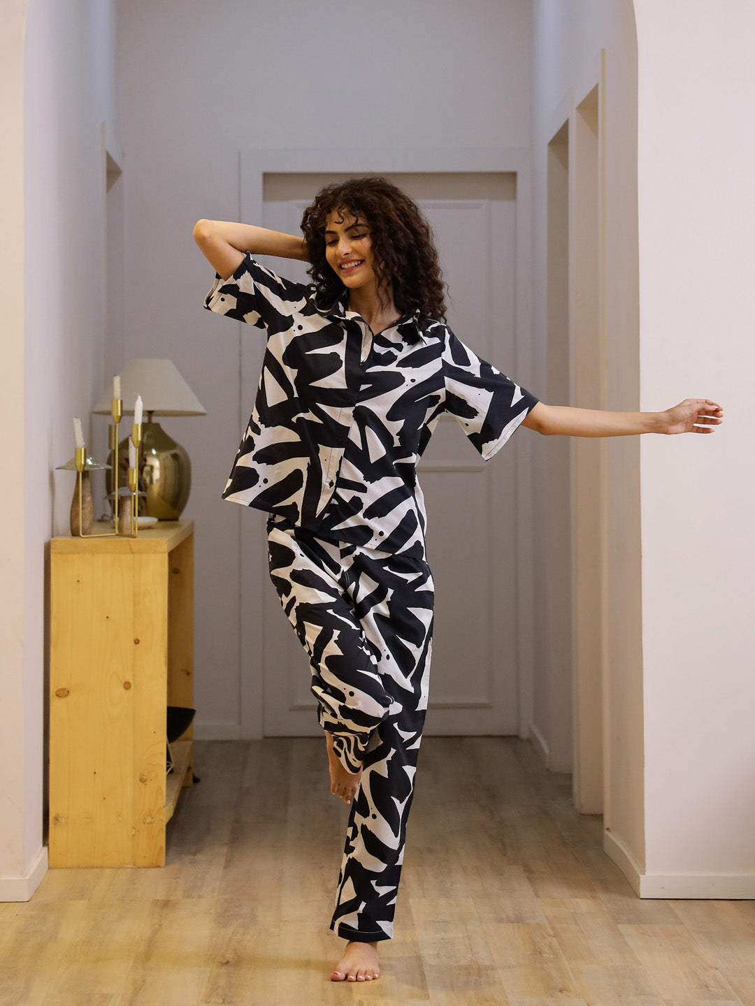 Black and White Printed Night Suit Set for Women
