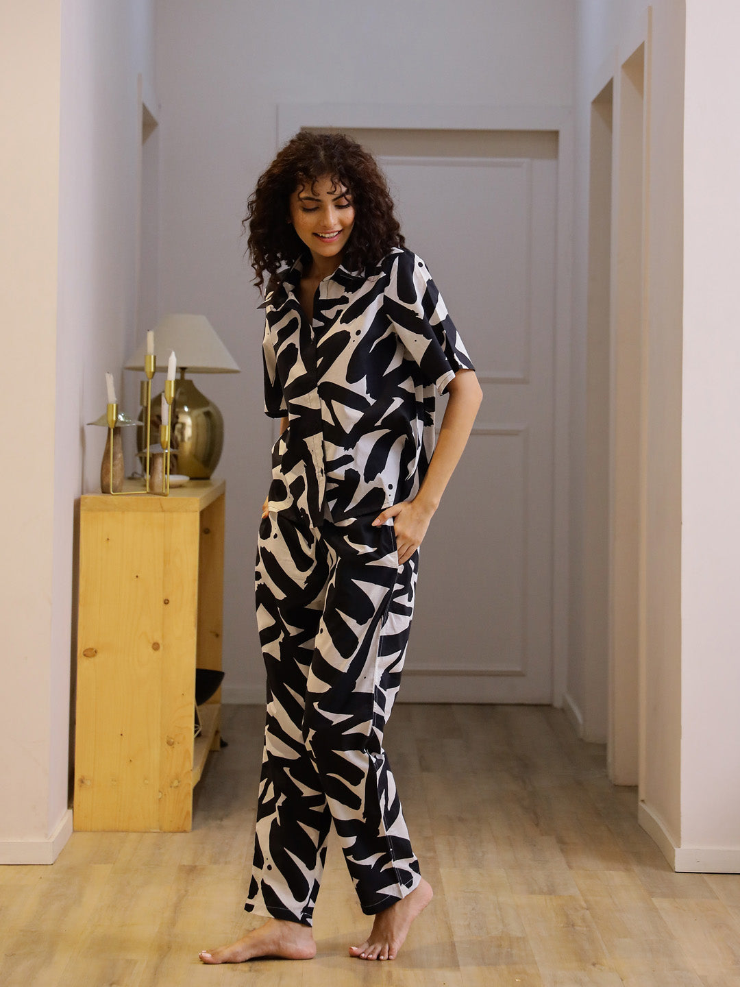 Black and White Printed Night Suit Set for Women