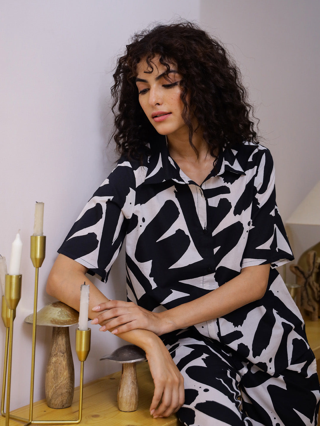 Black and White Printed Night Suit Set for Women