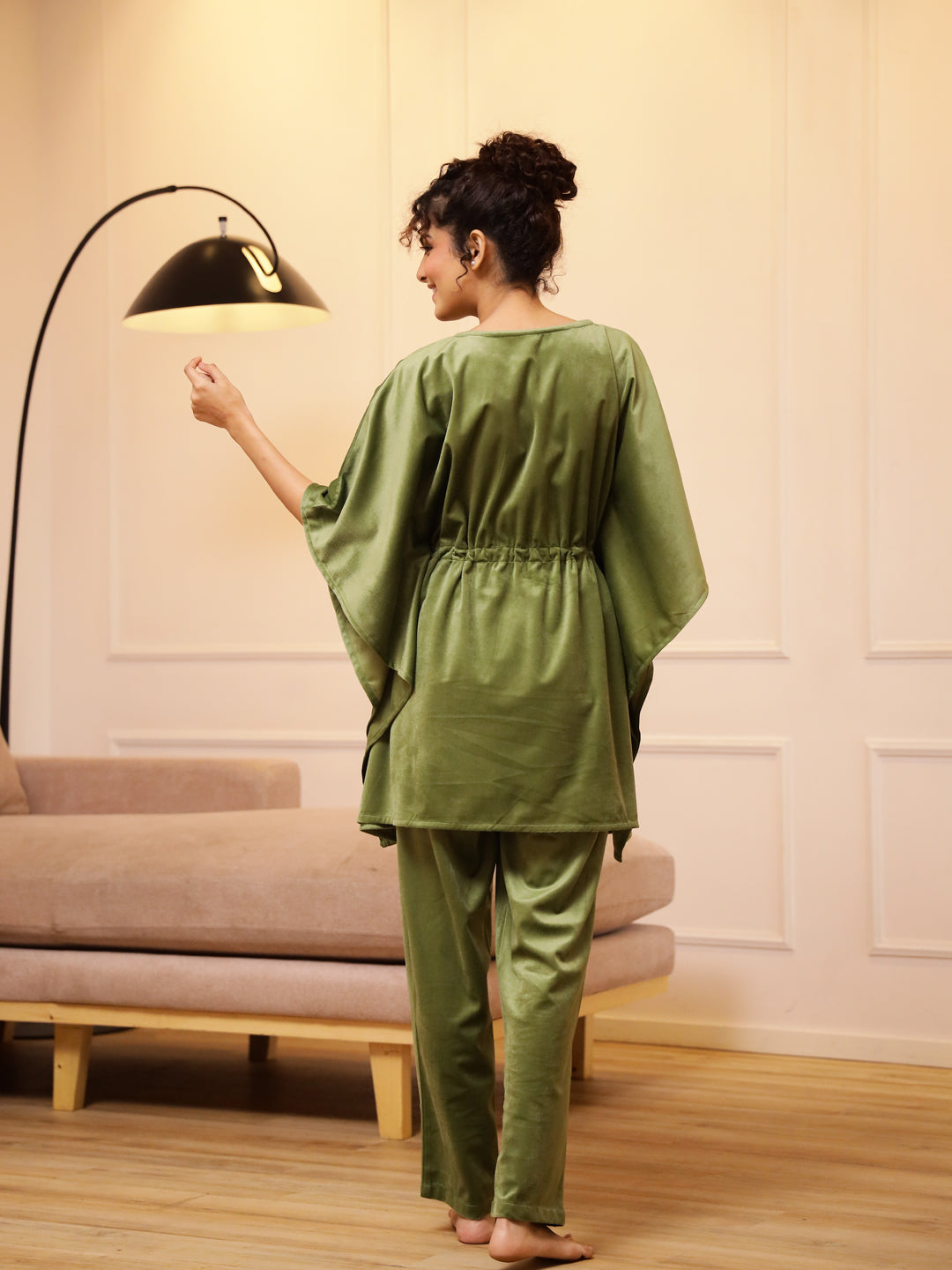 Green V-Neck Velvet Winter Kaftan - SanskrutiHomes