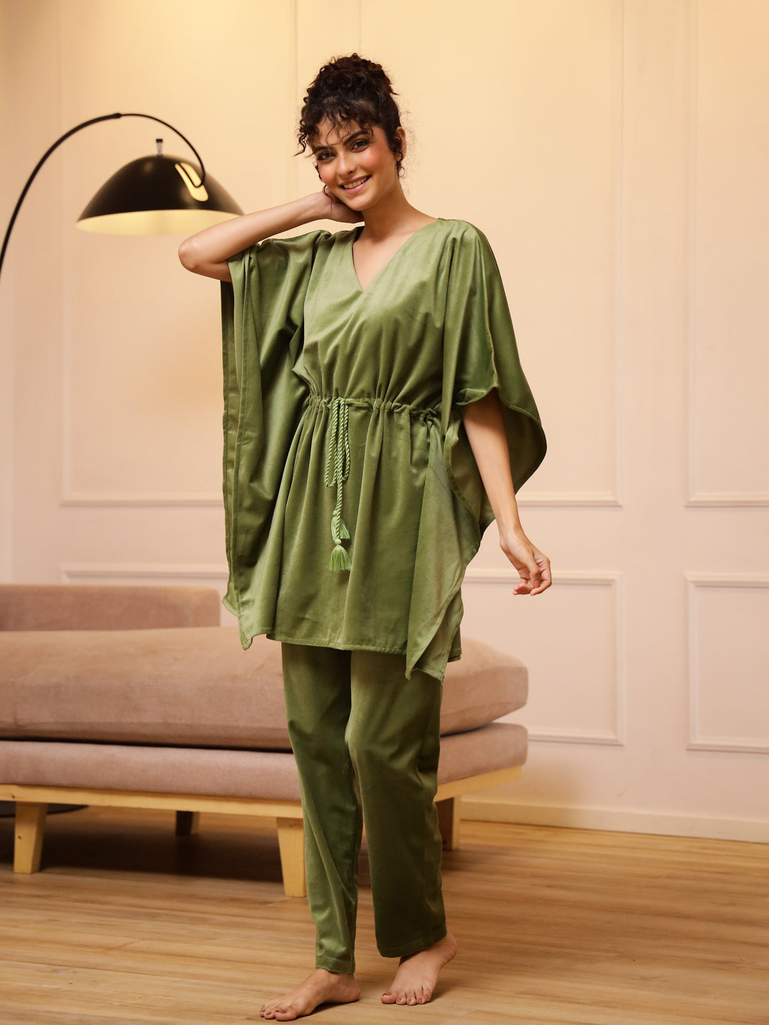 Green V-Neck Velvet Winter Kaftan - SanskrutiHomes