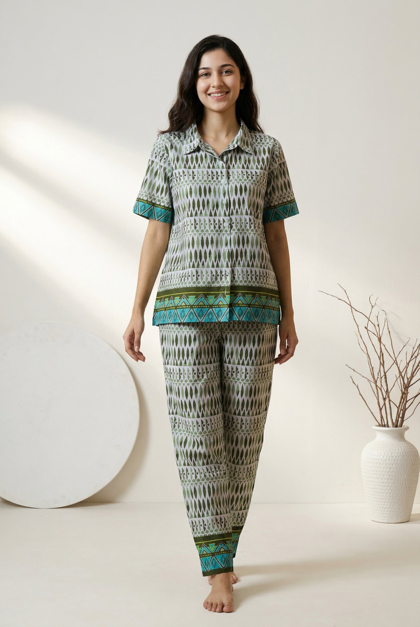 Off White Shirt Collar Ethnic Motifs Pure Cotton Night Suit For Women