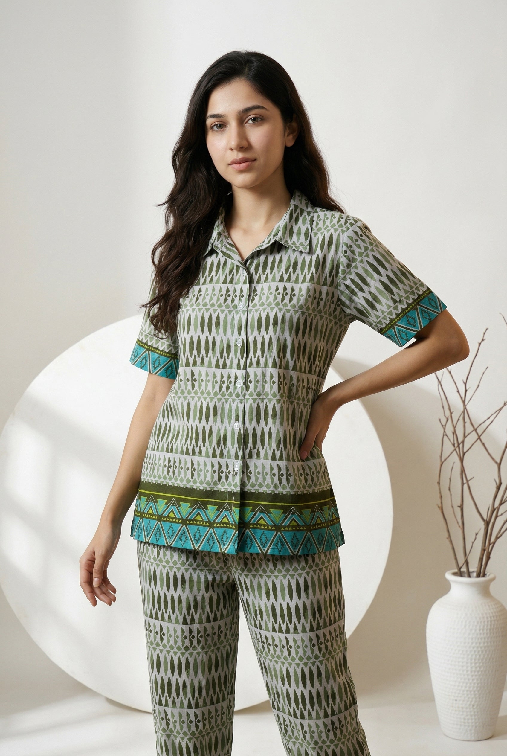 Off White Shirt Collar Ethnic Motifs Pure Cotton Night Suit For Women