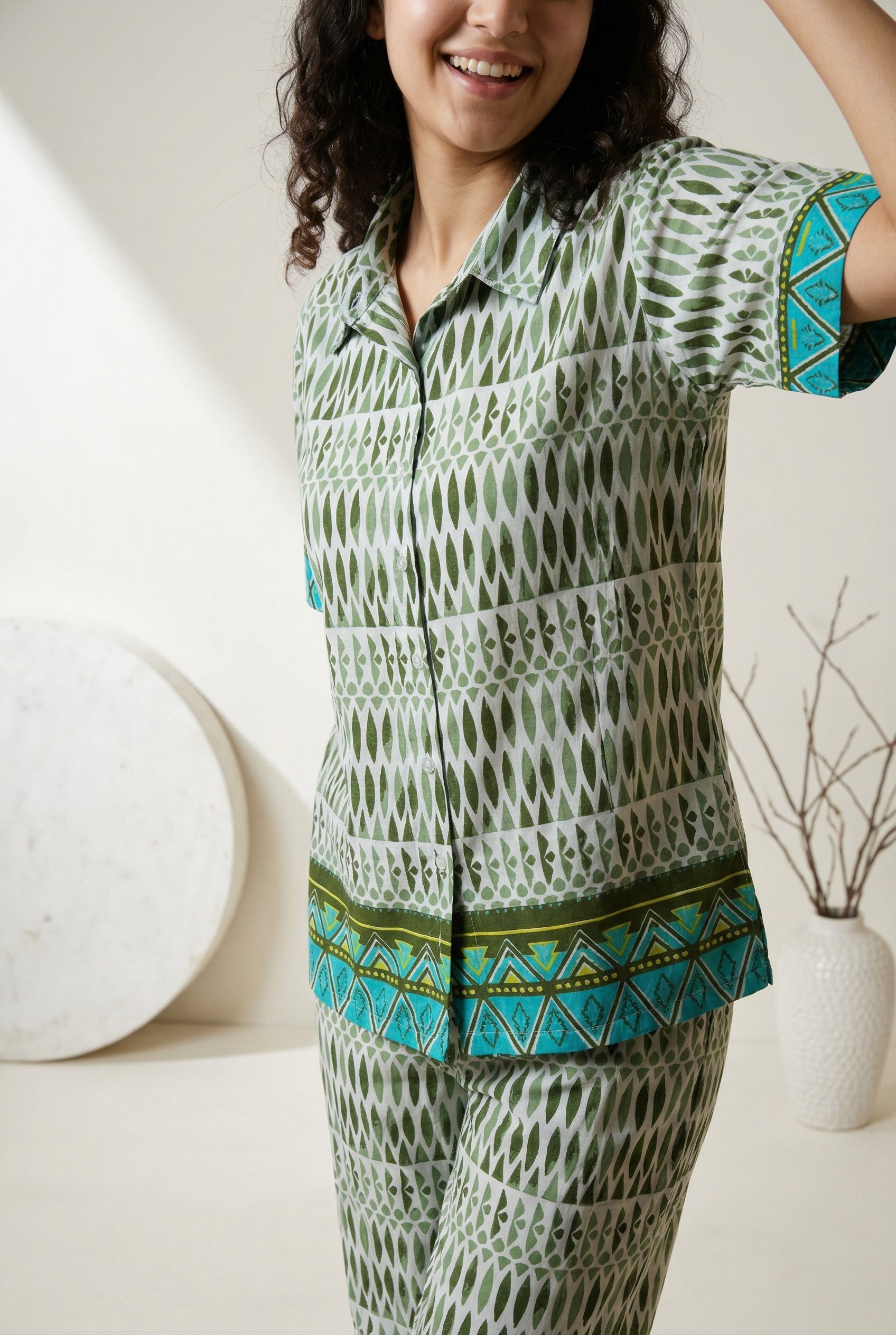 Off White Shirt Collar Ethnic Motifs Pure Cotton Night Suit For Women