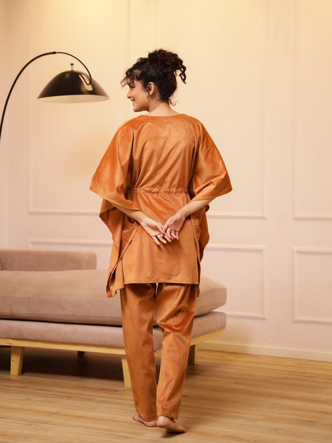 Orange V-Neck Velvet Winter Kaftan