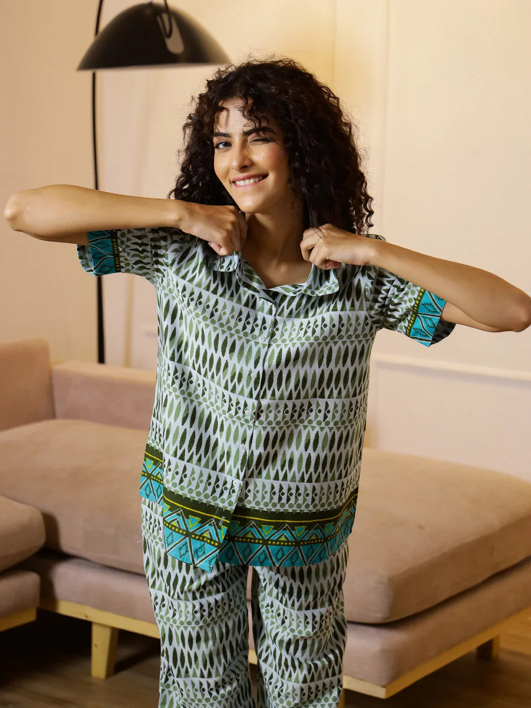 Women Geometric Printed Night suit - SanskrutiHomes