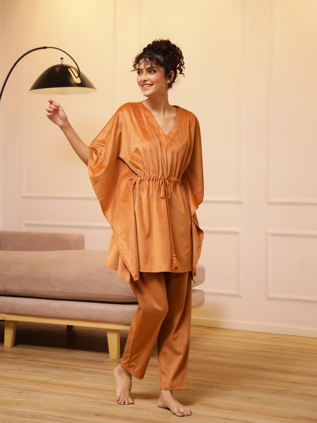 Orange V-Neck Velvet Winter Kaftan