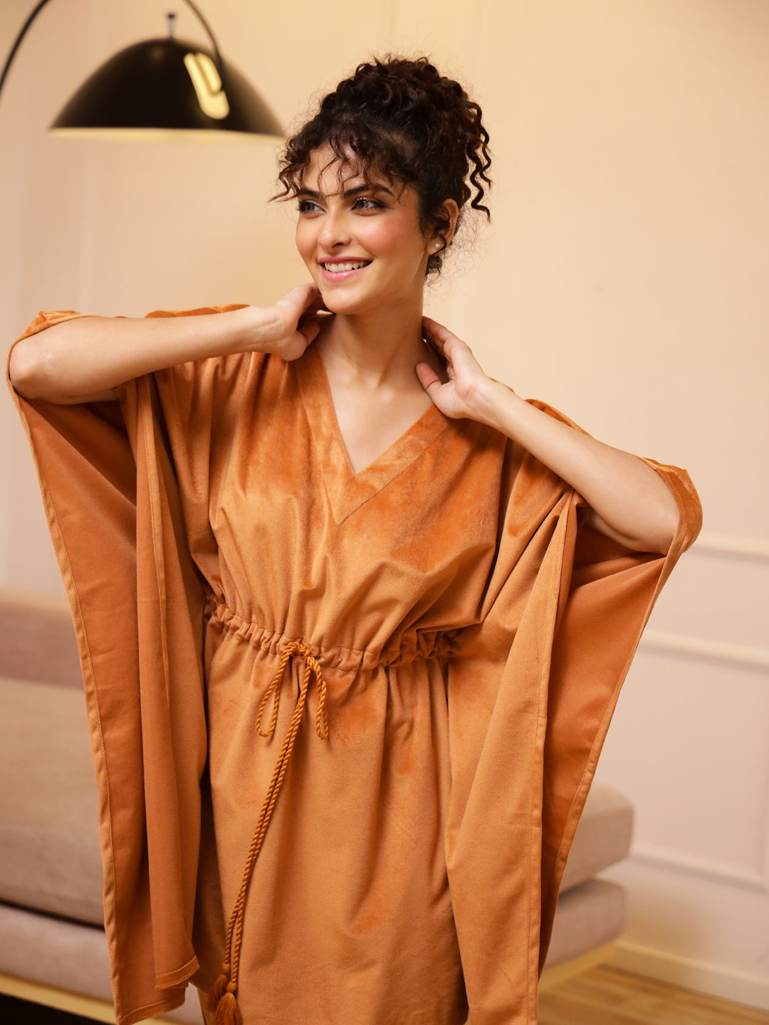 Orange V-Neck Velvet Winter Kaftan