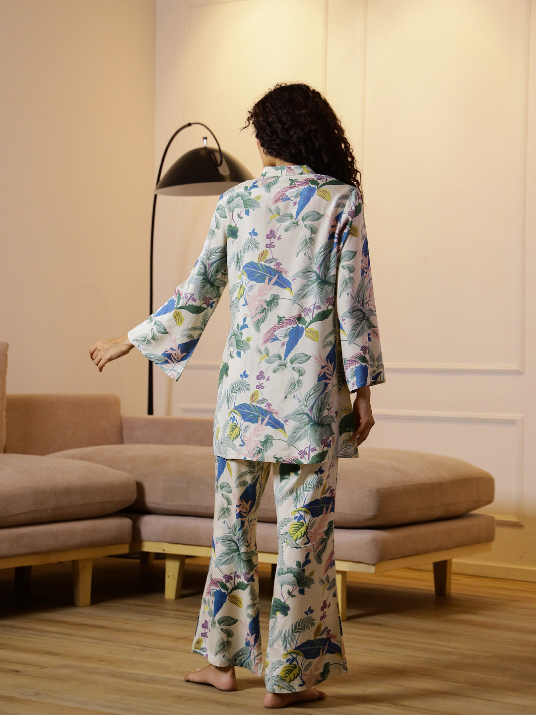 Floral Printed V-Neck Cotton Night Suit - SanskrutiHomes