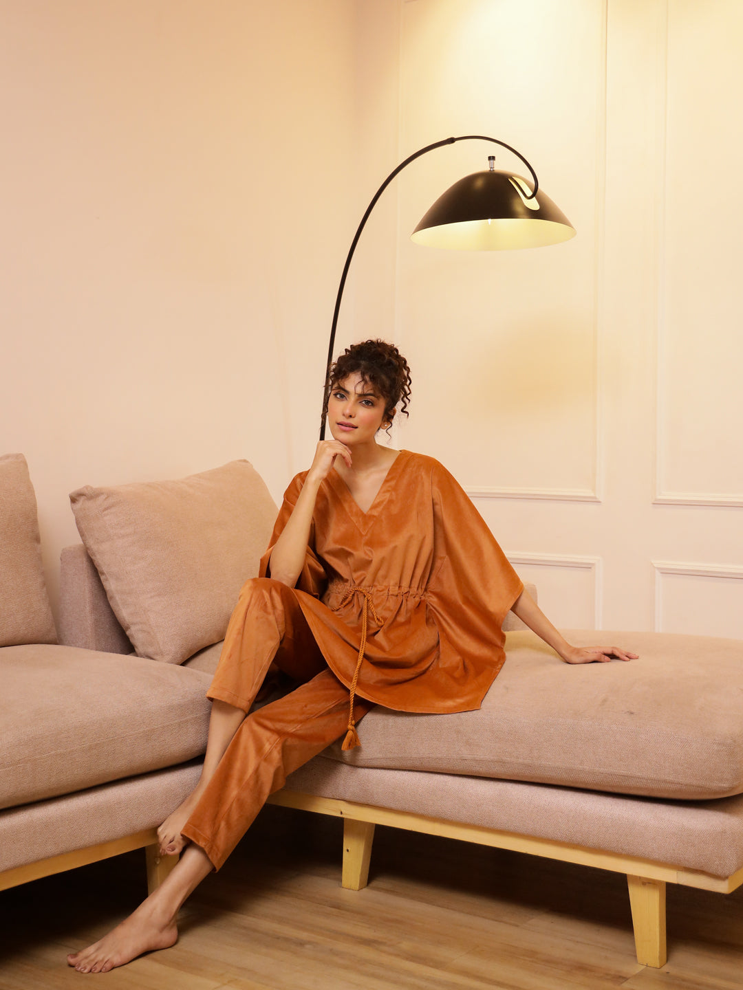 Orange V-Neck Velvet Winter Kaftan