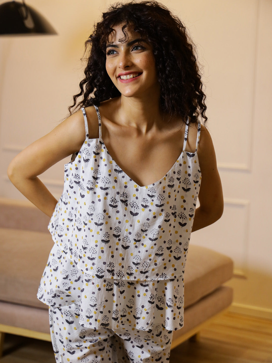 White Floral Printed Night Suit Set