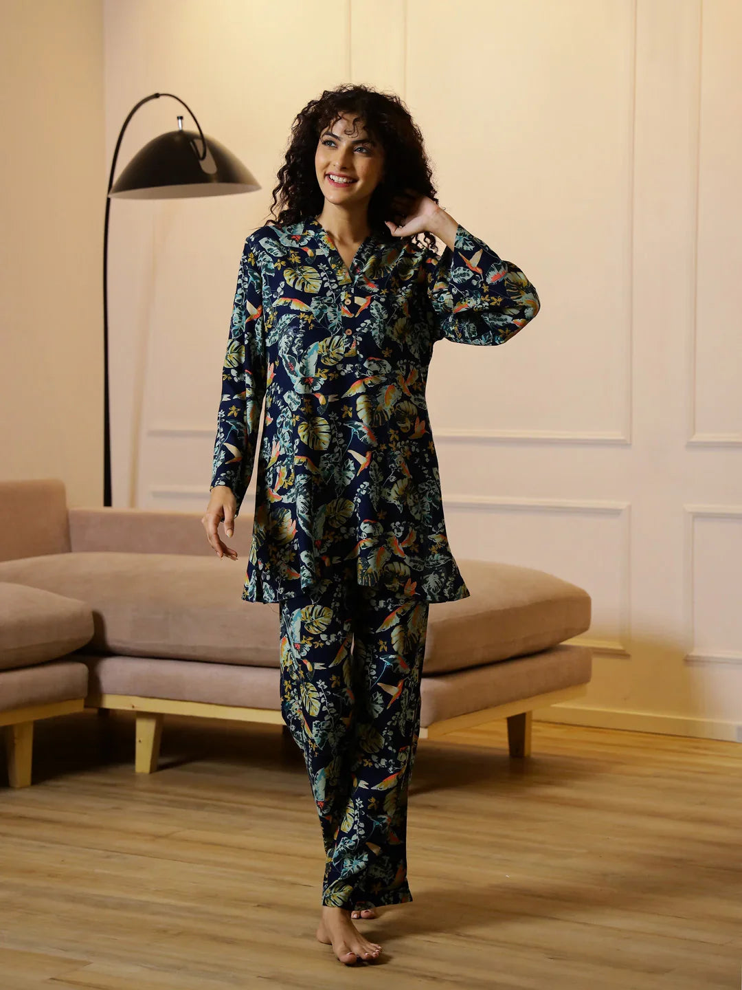 Blue Floral Printed V-Neck Cotton Night Suit - SanskrutiHomes