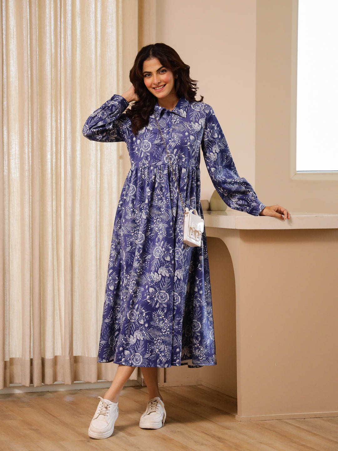 Blue Flower Print Dress For Women