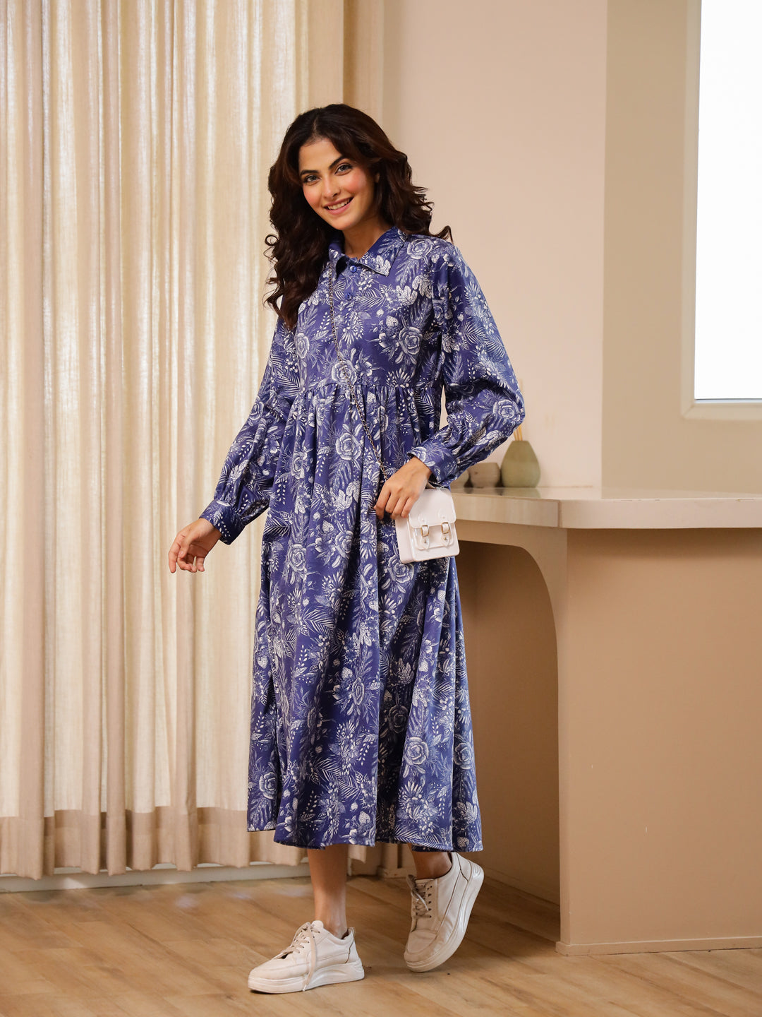 Blue Flower Print Dress For Women