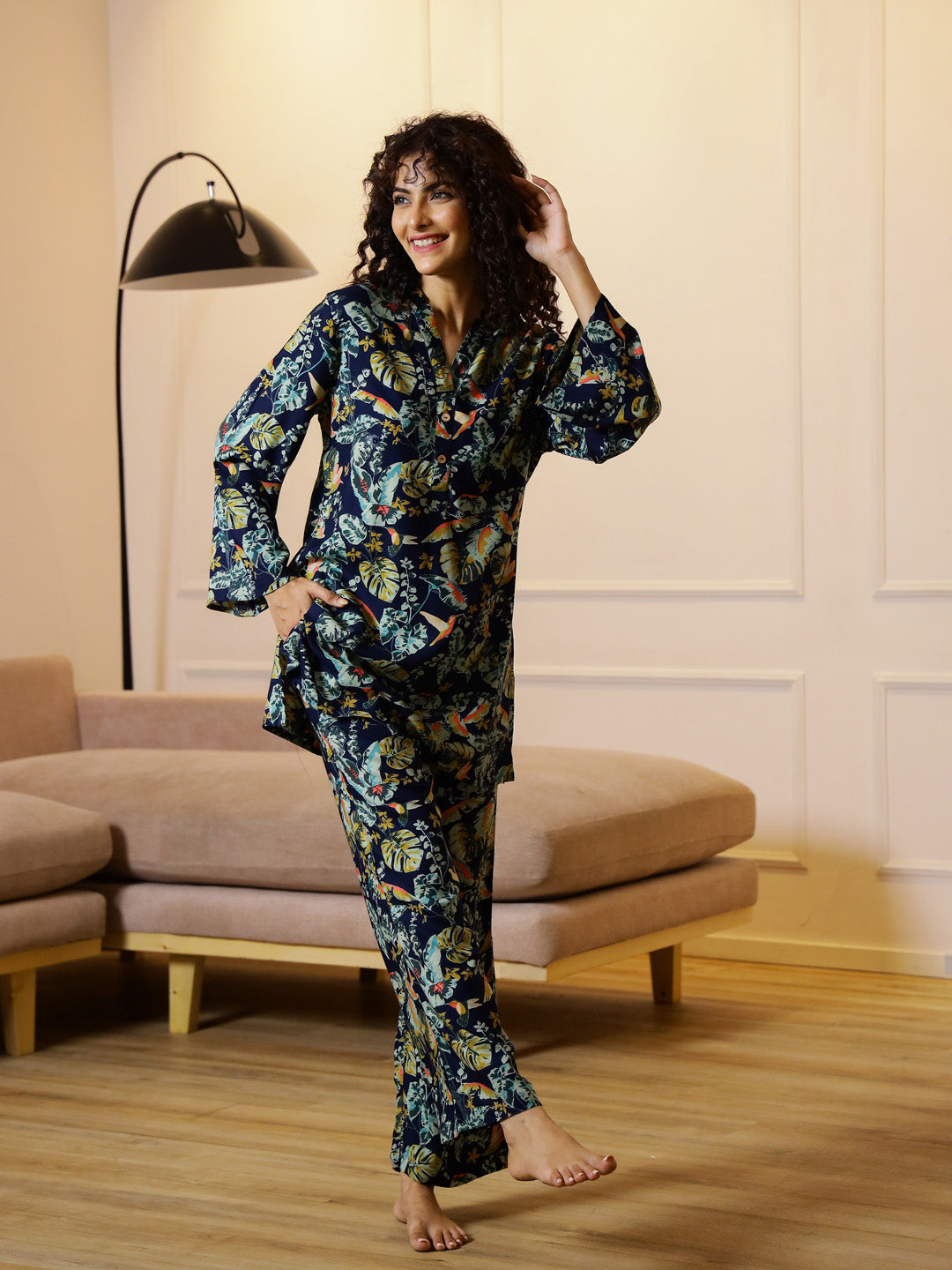 Blue Floral Printed V-Neck Cotton Night Suit - SanskrutiHomes