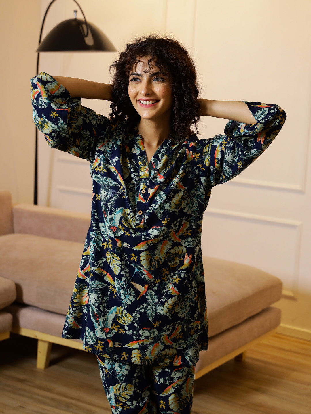 Blue Floral Printed V-Neck Cotton Night Suit - SanskrutiHomes