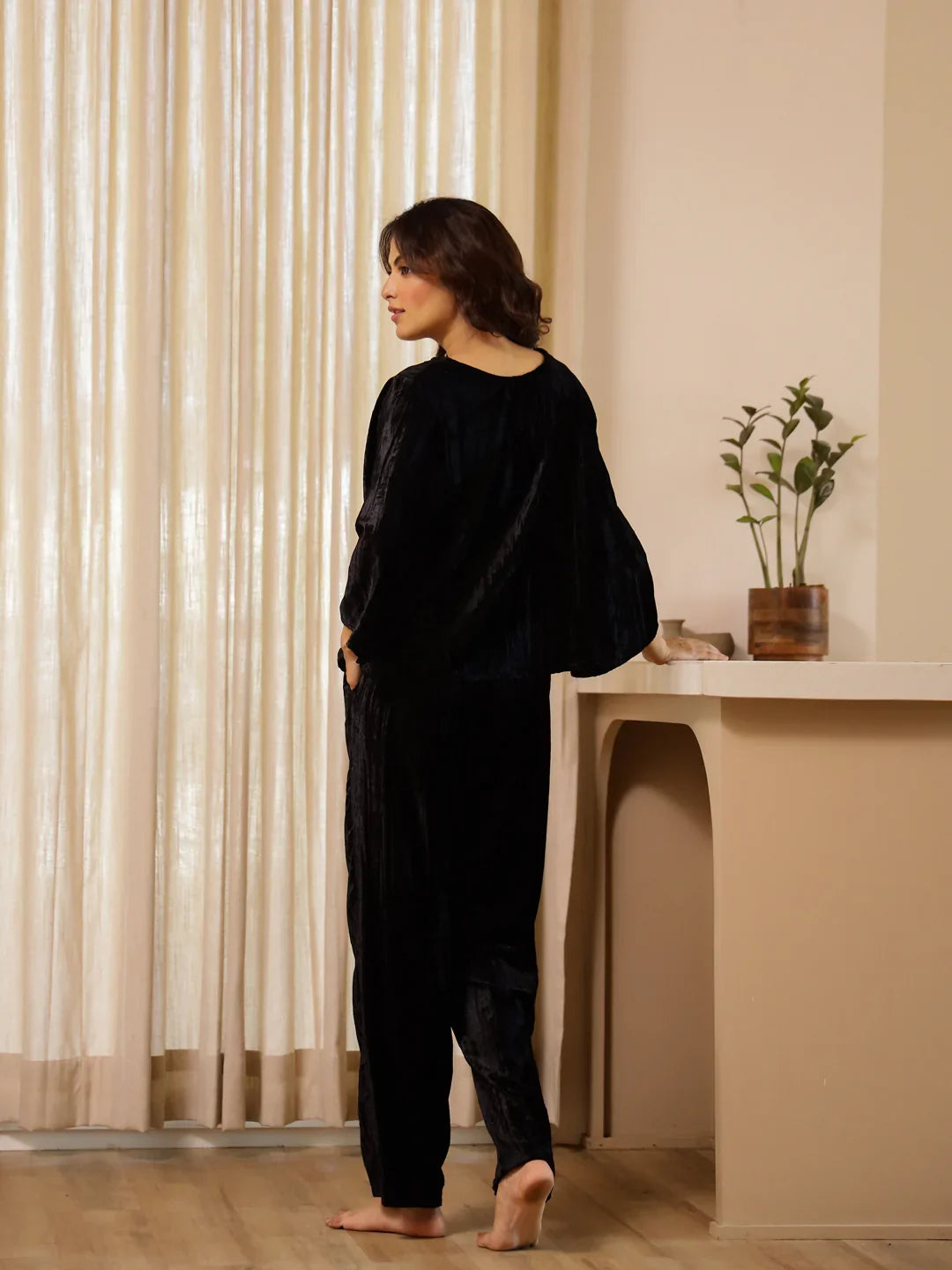 Black Velvet Night Suit for Women - SanskrutiHomes