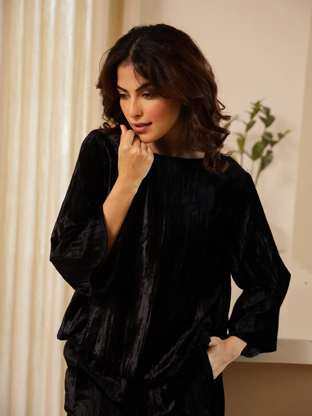 Black Velvet Night Suit for Women - SanskrutiHomes