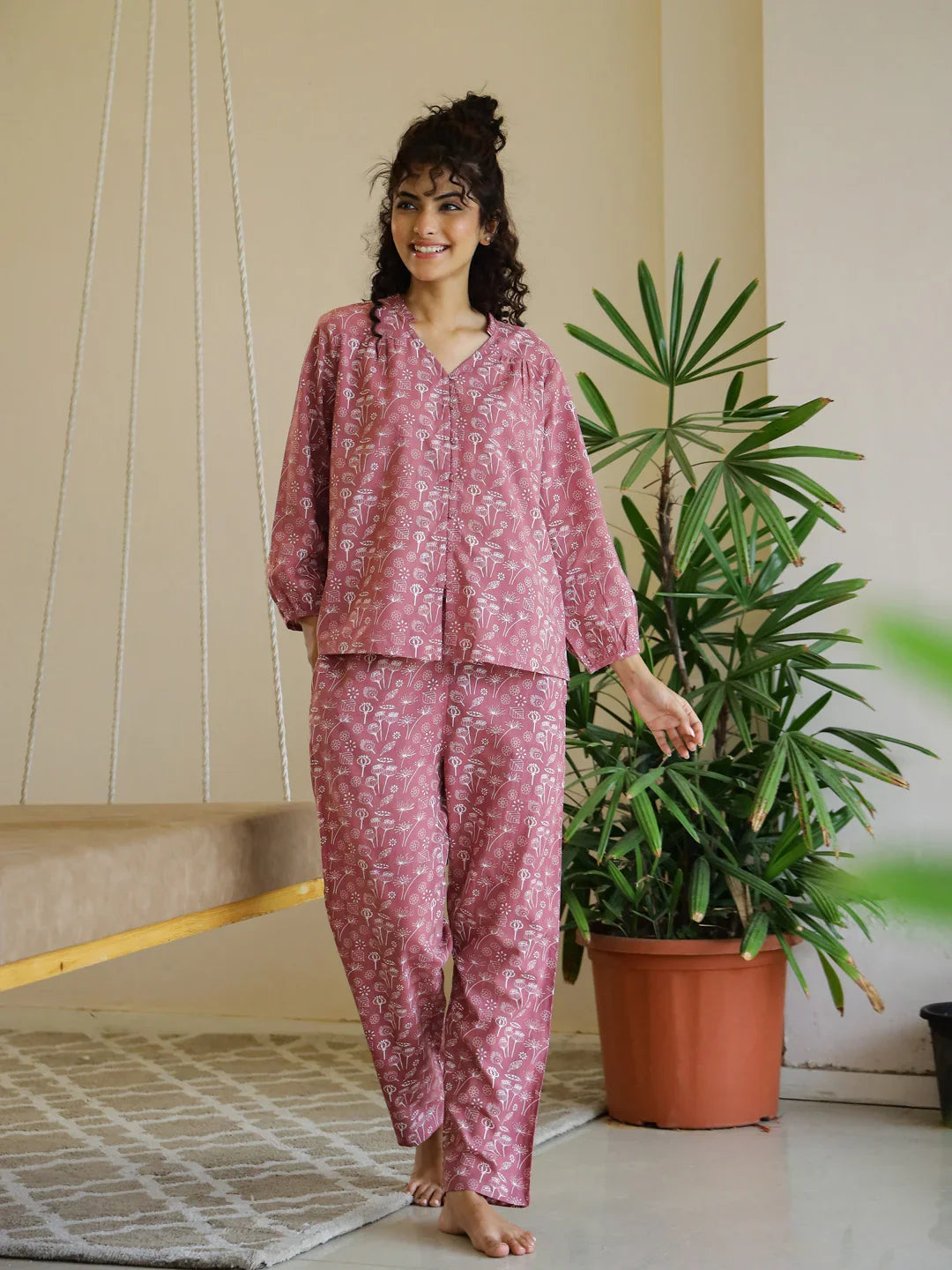 Pink Flower V-Neck Night Suit Set for Women - SanskrutiHomes