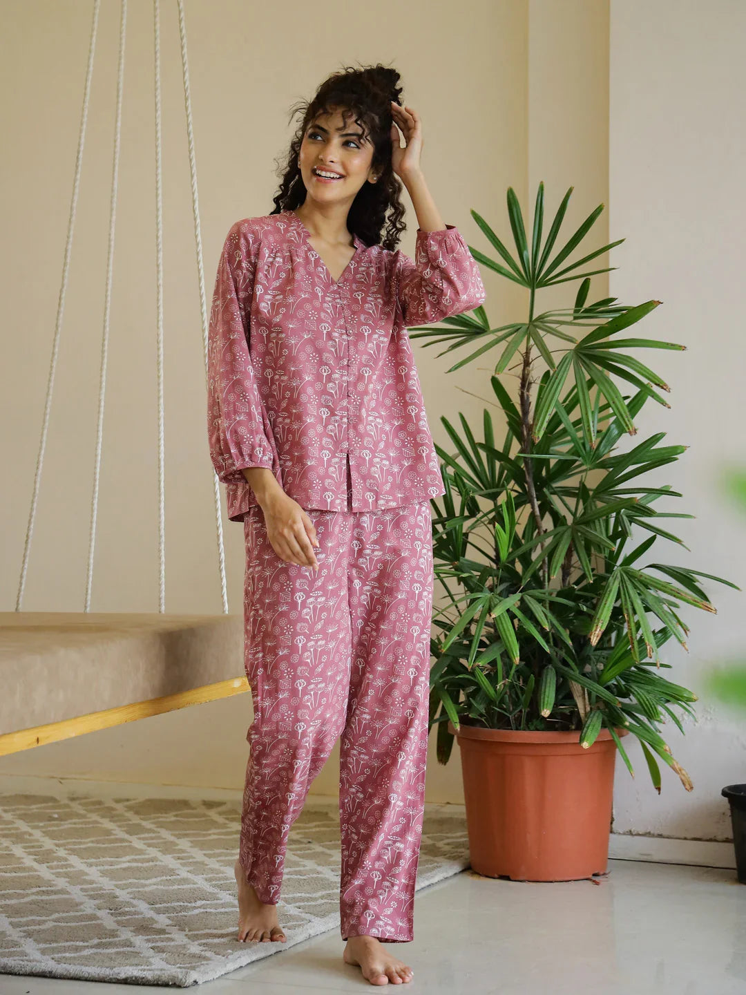 Pink Flower V-Neck Night Suit Set for Women - SanskrutiHomes