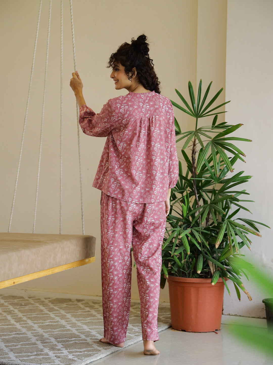 Pink Flower V-Neck Night Suit Set for Women