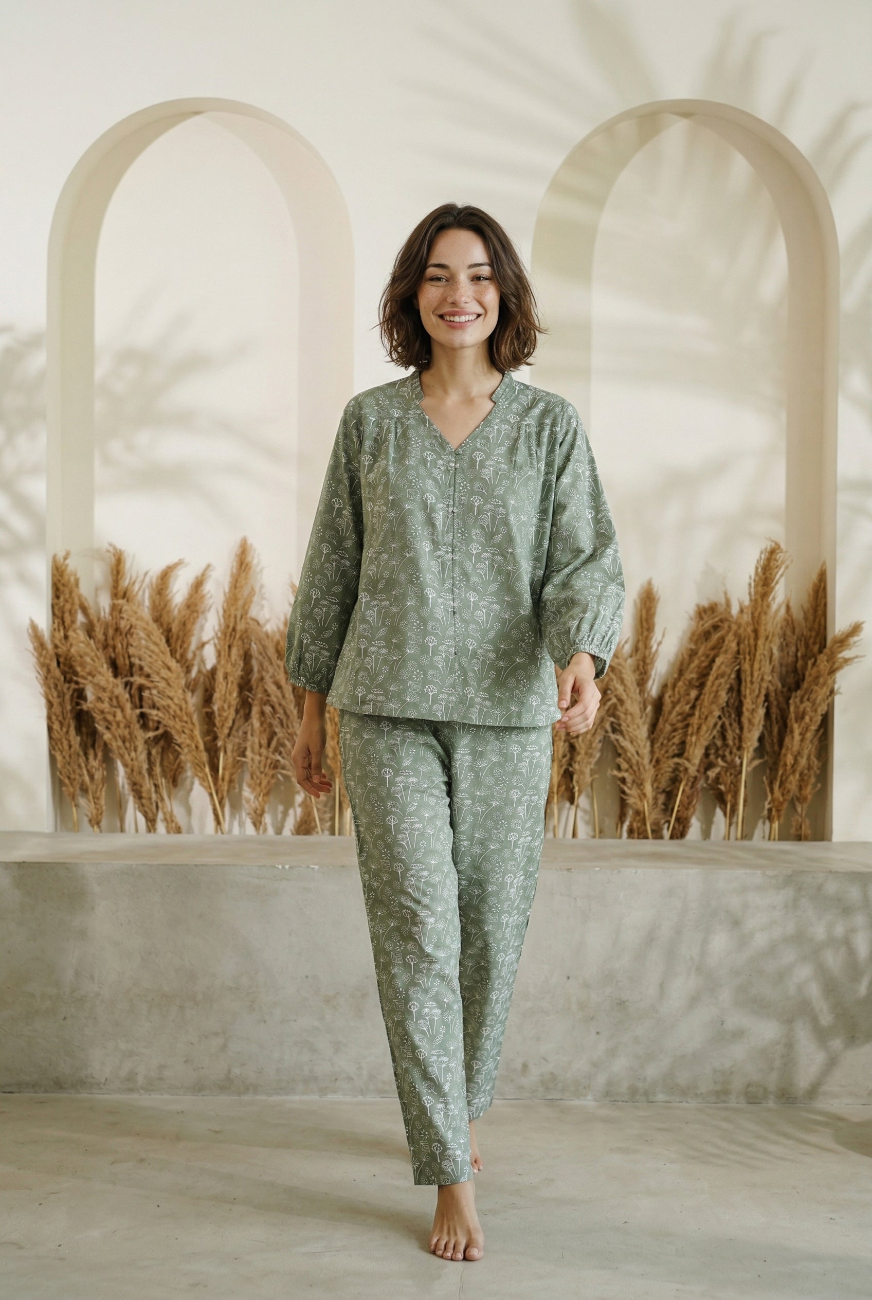 Green V-Neck Floral Print Cotton Night Suit For Women