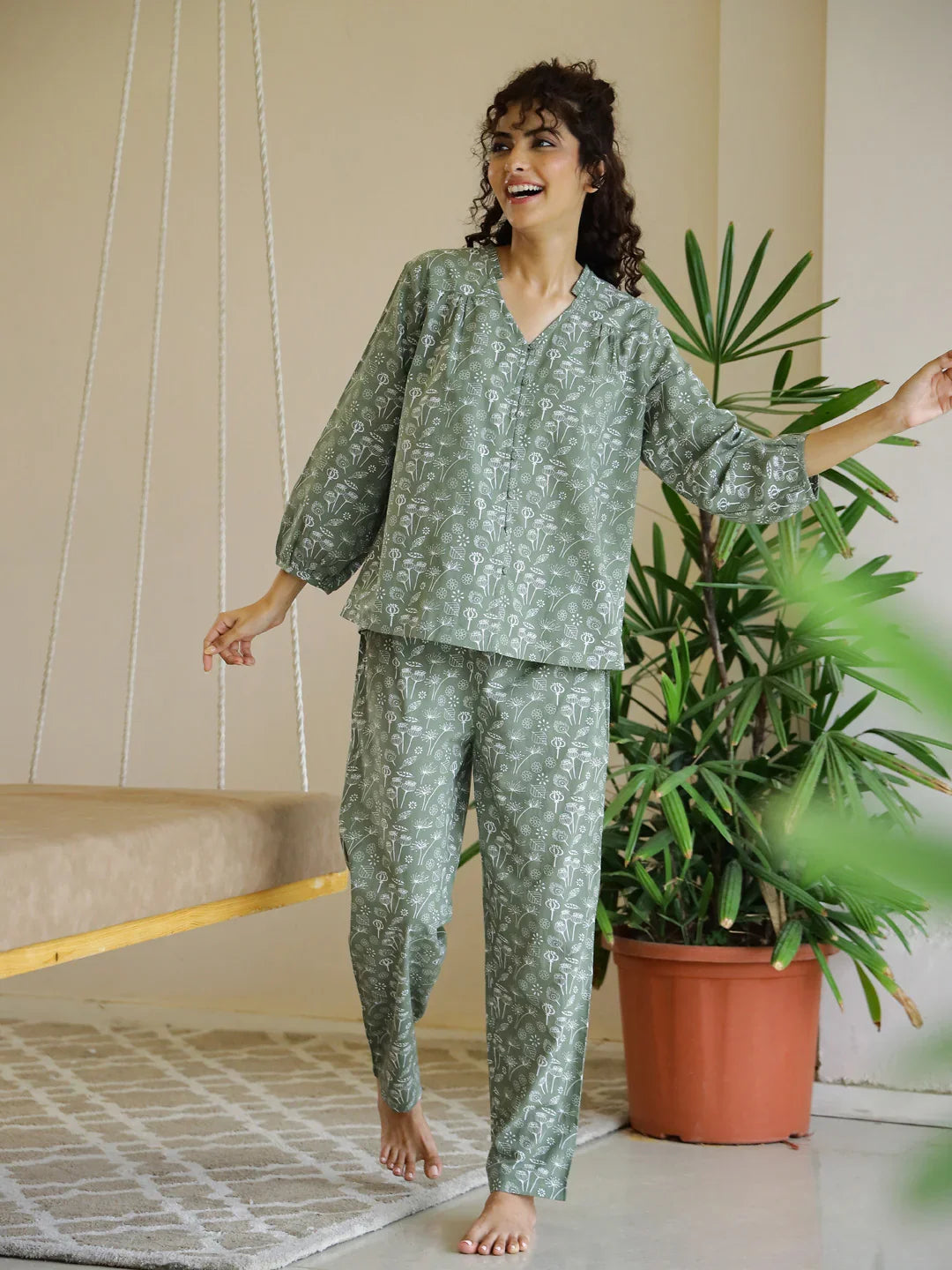 Flower Printed V-Neck Night Suit for Women - SanskrutiHomes