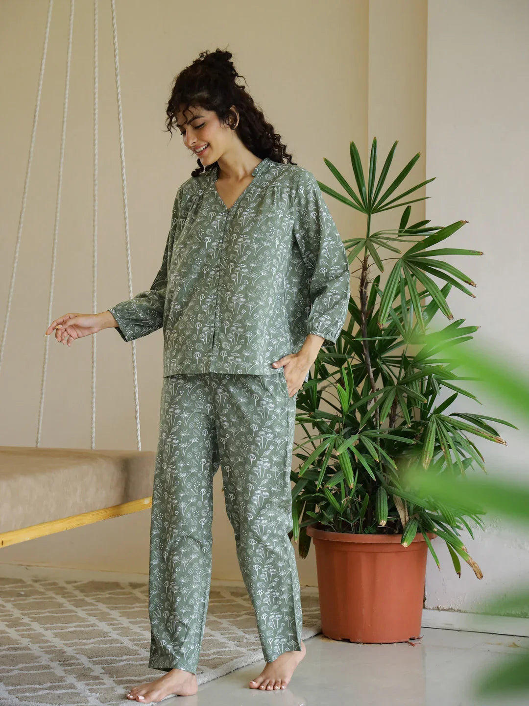Flower Printed V-Neck Night Suit for Women - SanskrutiHomes