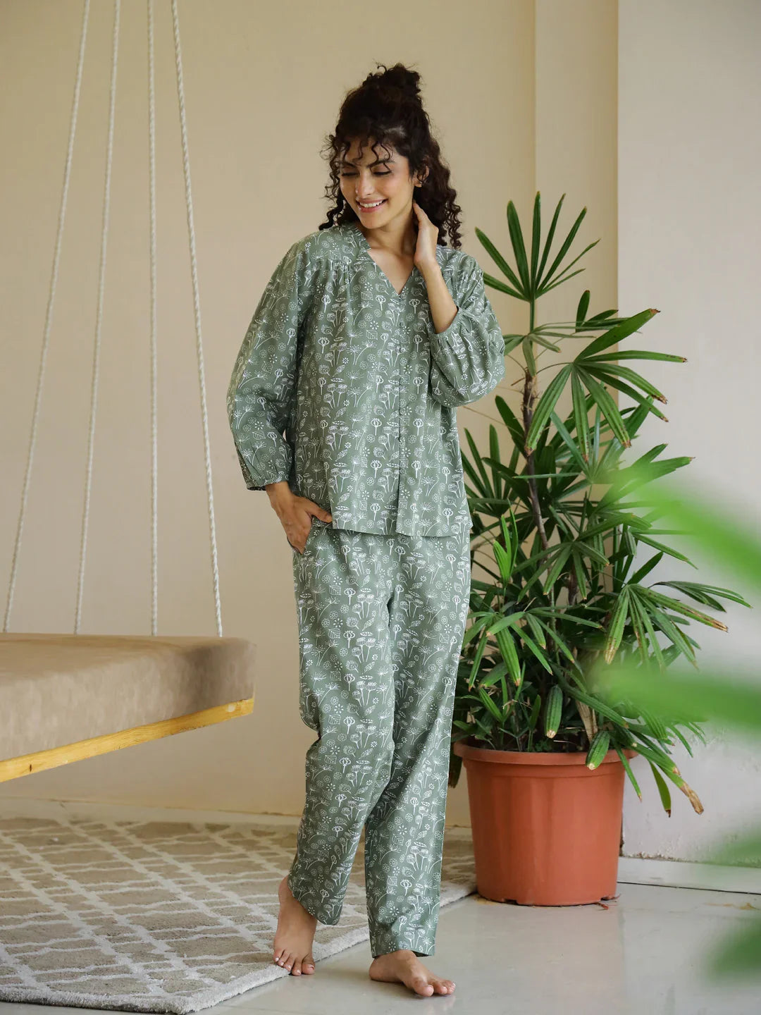 Flower Printed V-Neck Night Suit for Women - SanskrutiHomes