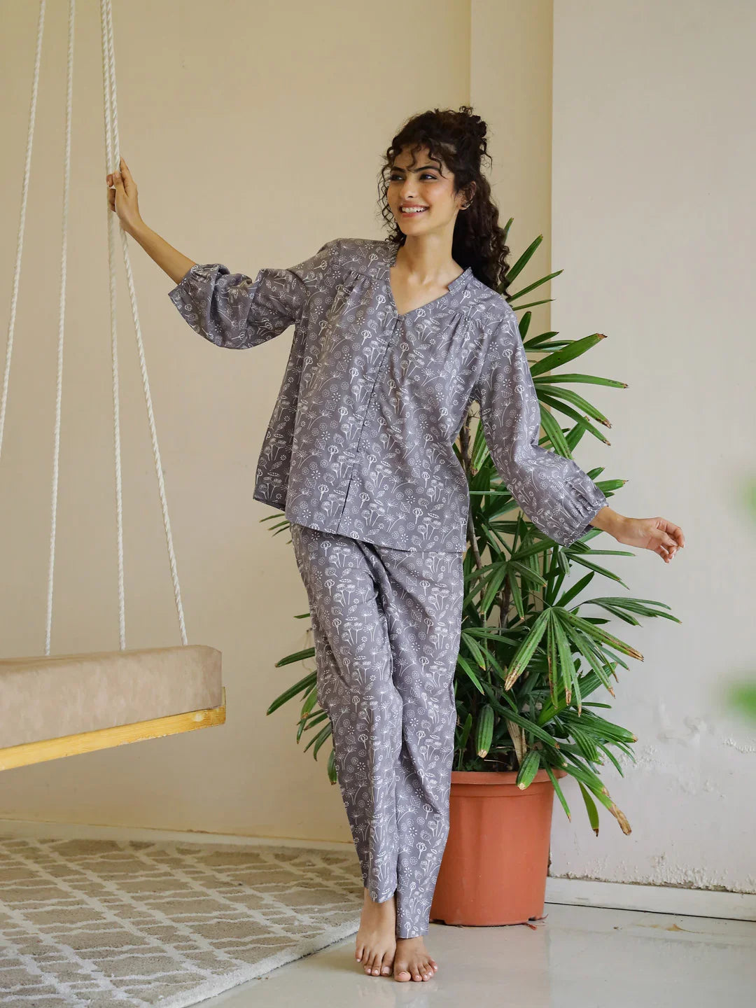 Grey Cotton Night Suit Set for Women - SanskrutiHomes