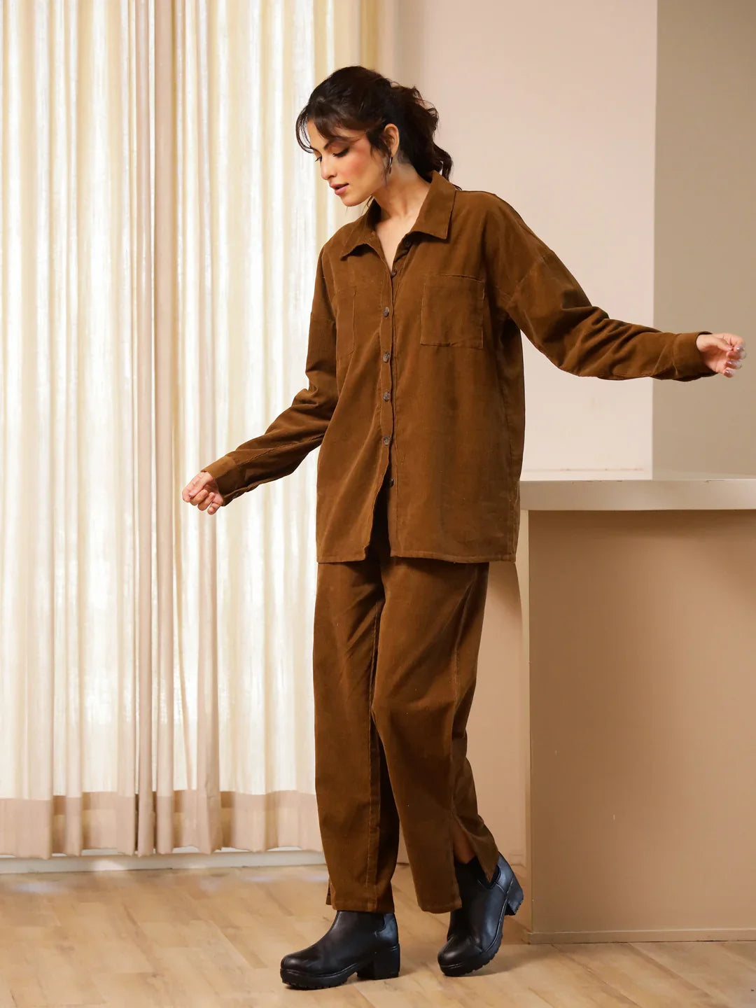 Brown Corduroy Co-ord Set - SanskrutiHomes