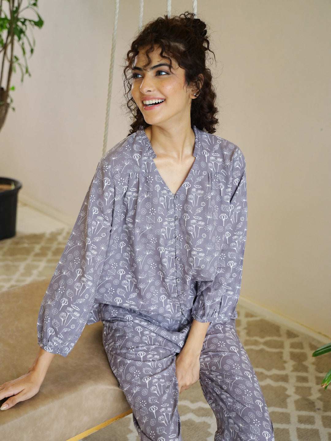 Grey Cotton Night Suit Set for Women