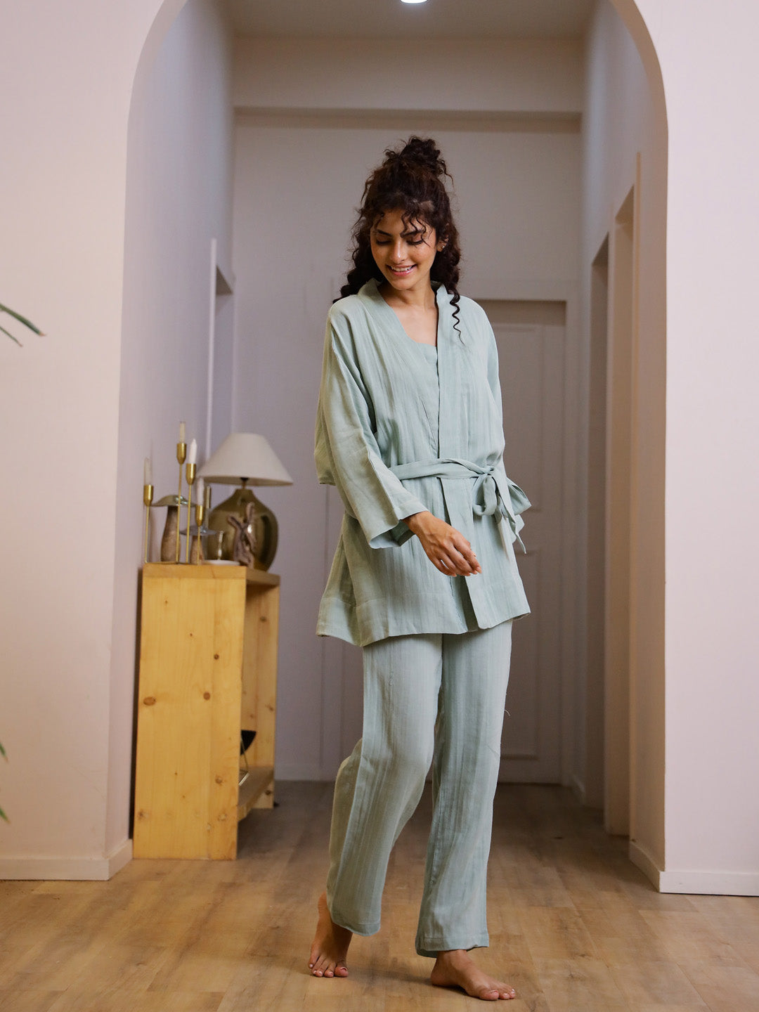 Set Of 3 Cotton Gauze Night Suit Set