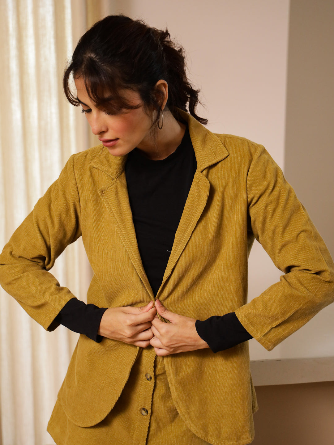 Yellow Solid COURDROY Print Co-ords Set with Skirt