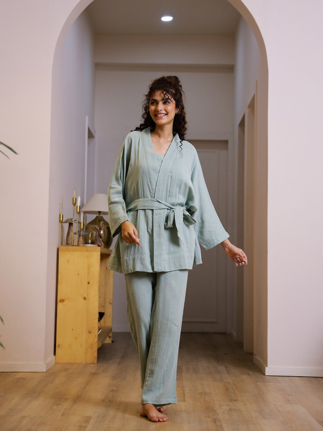 Set Of 3 Cotton Gauze Night Suit Set