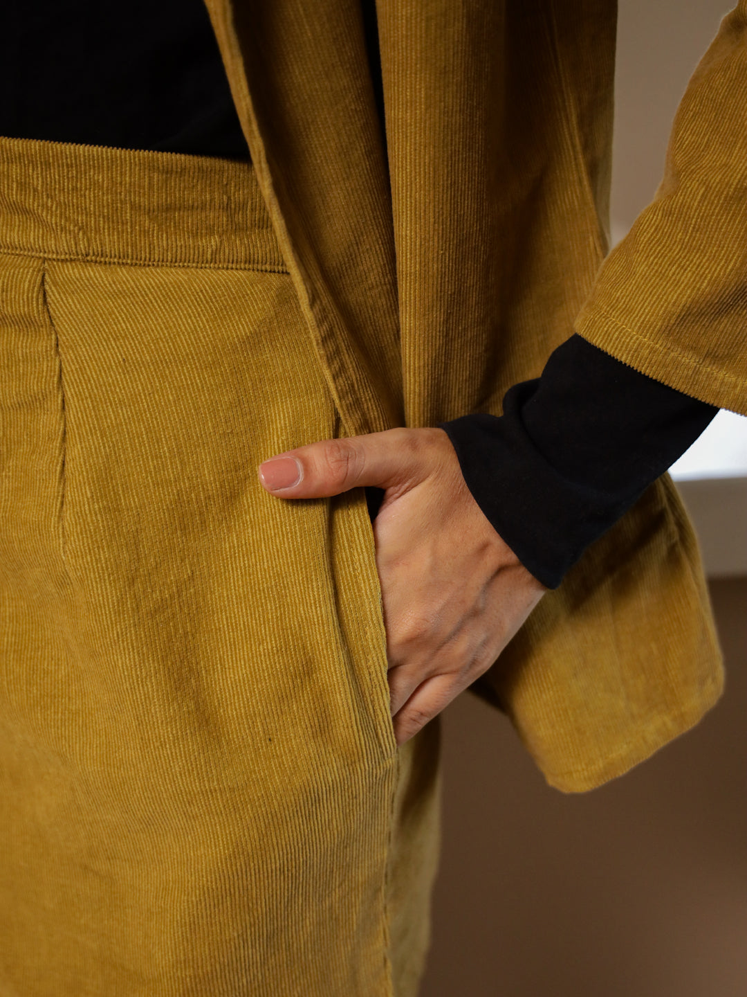 Yellow Solid COURDROY Print Co-ords Set with Skirt