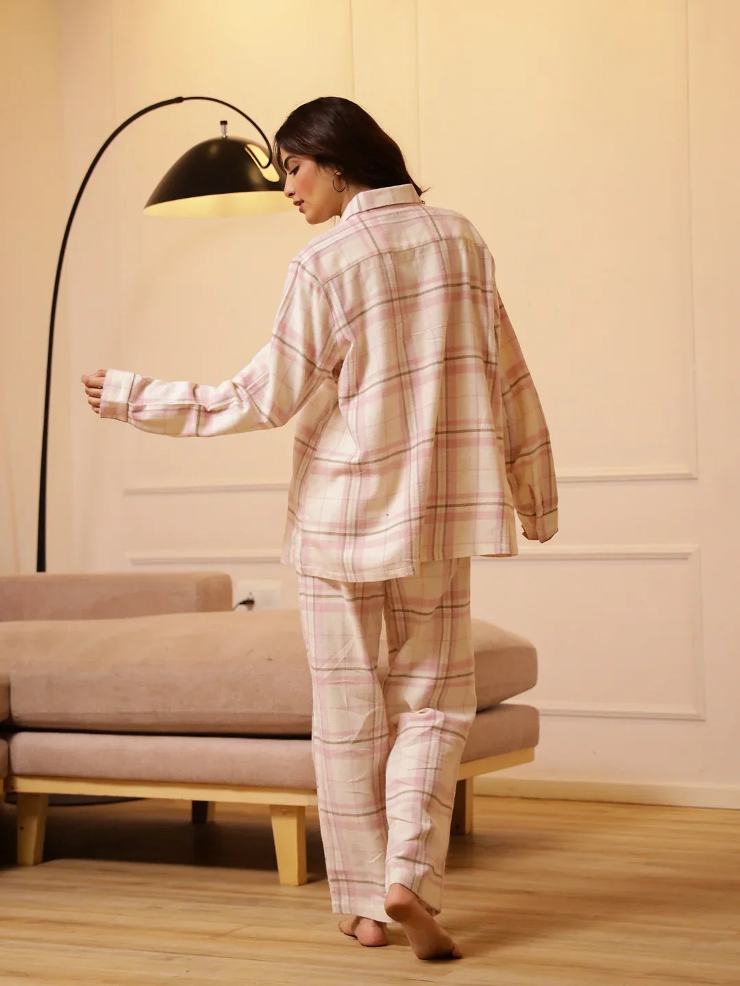 Pink Checks Cashmere Winter Loungewear Set - SanskrutiHomes