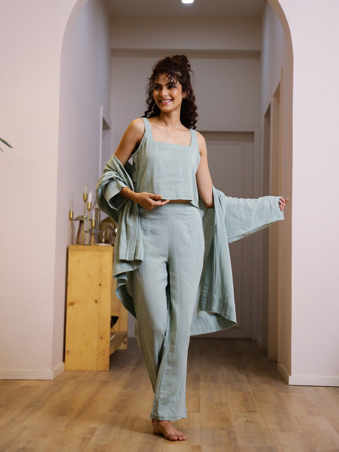 Set Of 3 Cotton Gauze Night Suit Set