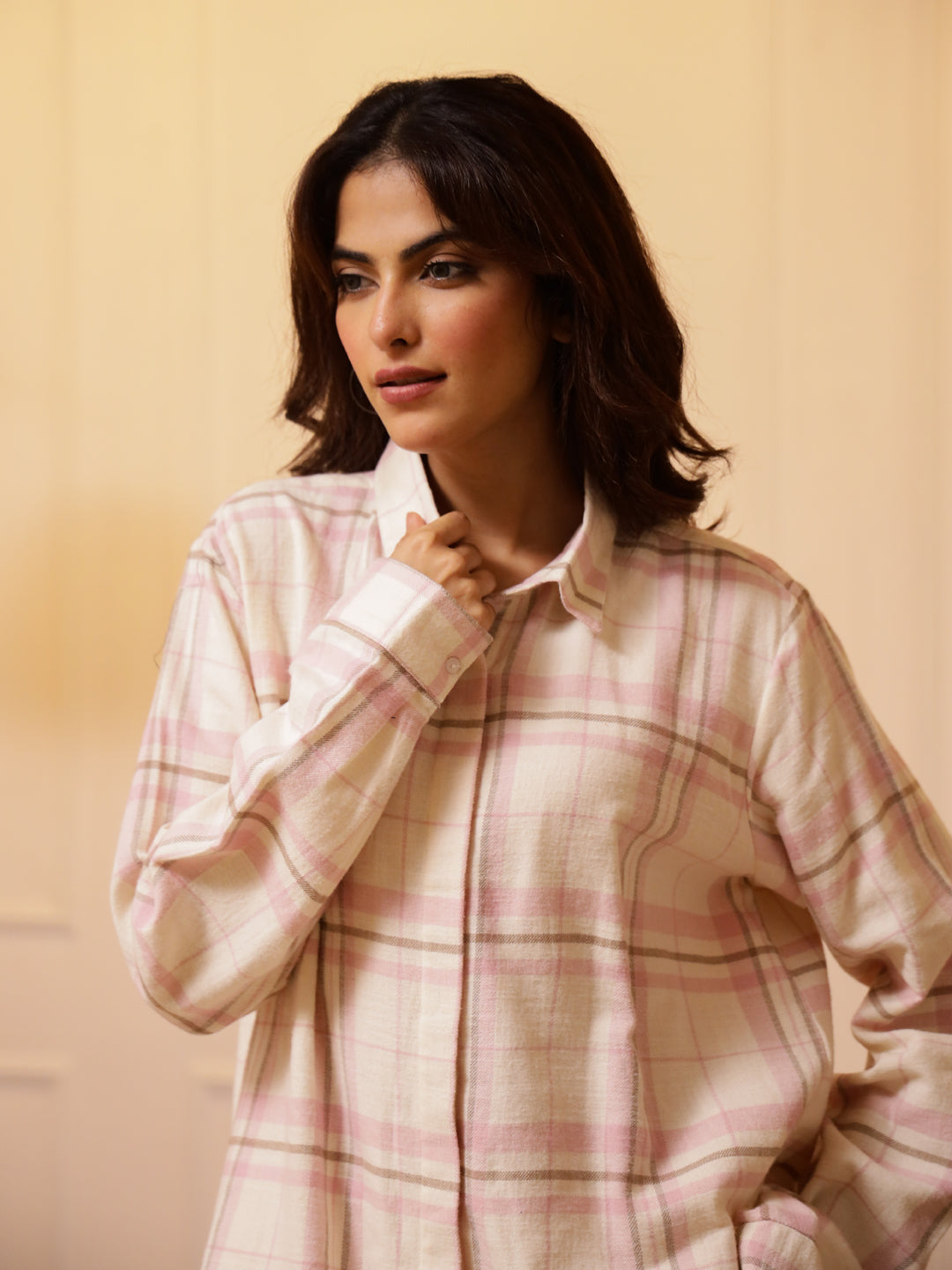 Pink Checks Cashmere Winter Loungewear Set